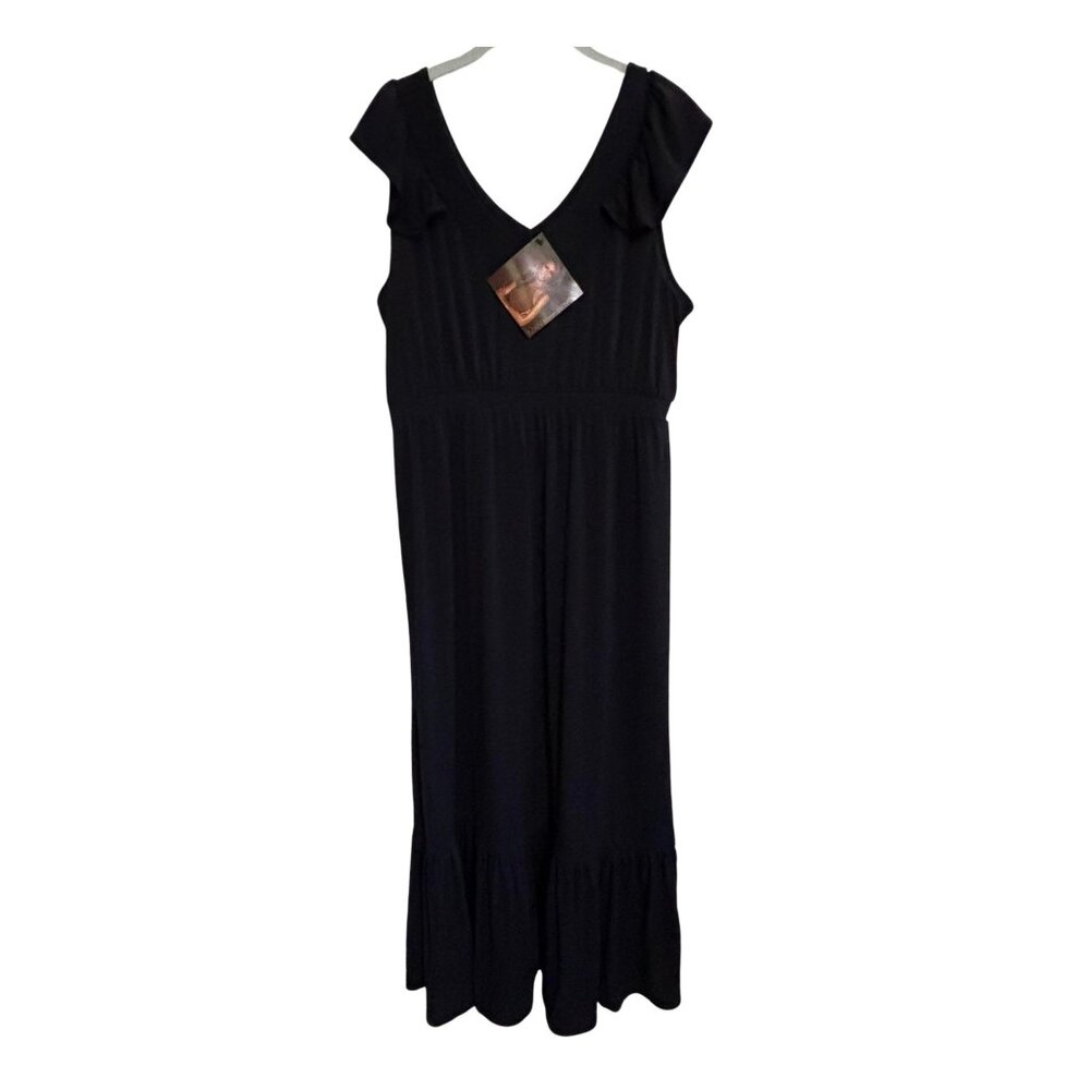 NWT Iman Flutter Sleeve Maxi Dress Black Flounce Bottom Sz Large